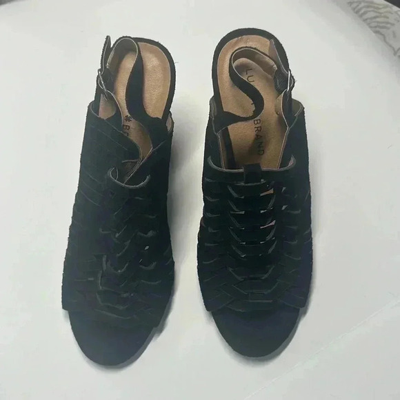 Lucky brand Yvette Woven Suede Chunky Block High Heel Open Toe Sandal - Picture 3 of 8